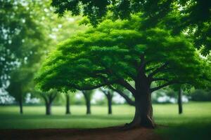 un árbol en el medio de un verde campo. generado por ai foto