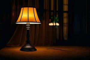 a lamp on a table in the dark. AI-Generated photo