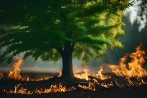 un árbol es rodeado por llamas y fumar. generado por ai foto