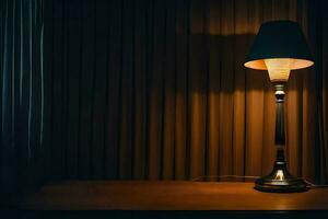 a lamp is sitting on a table in front of curtains. AI-Generated photo