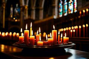 candles are lit in a church with a large window. AI-Generated photo