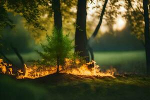 a small tree is burning in the middle of a forest. AI-Generated photo