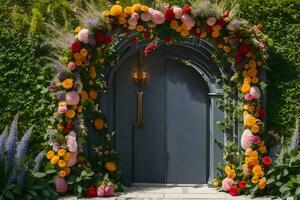 a door covered in flowers and greenery. AI-Generated photo