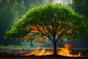 a tree with flames coming out of it in the middle of a forest. AI-Generated photo