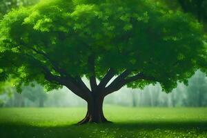 a tree is standing in the middle of a green field. AI-Generated photo