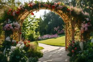 an archway with flowers and greenery in the garden. AI-Generated photo