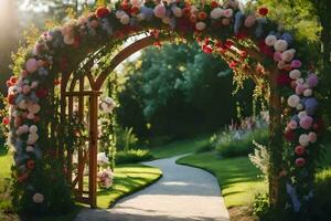 un hermosa arco decorado con flores generado por ai foto