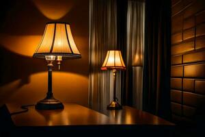 two lamps sit on a table in a dark room. AI-Generated photo