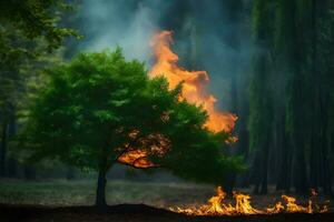 a tree is burning in the forest. AI-Generated photo