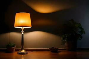 a lamp on a table in the dark. AI-Generated photo