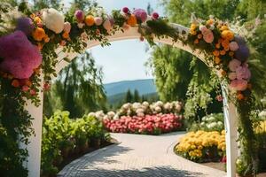 a beautiful archway with flowers and greenery. AI-Generated photo