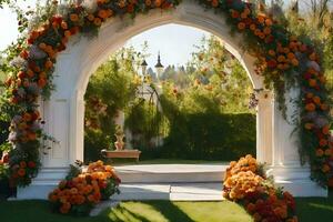 an archway with orange and yellow flowers. AI-Generated photo