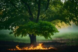 a tree with flames coming from it in the middle of a field. AI-Generated photo