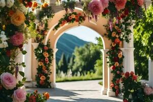 un Boda arco decorado con flores generado por ai foto