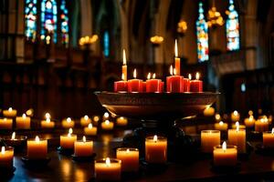 velas son iluminado en un Iglesia con manchado vaso ventanas generado por ai foto