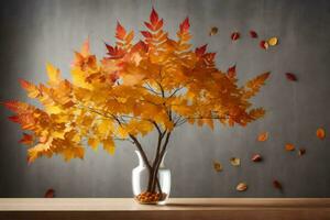 otoño hojas en un florero en un mesa. generado por ai foto