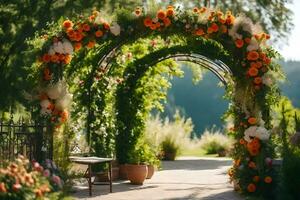 an archway with orange flowers and white flowers. AI-Generated photo