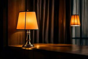 a lamp on a table in a hotel room. AI-Generated photo