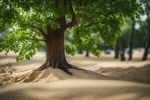 a tree with roots growing out of the sand. AI-Generated photo