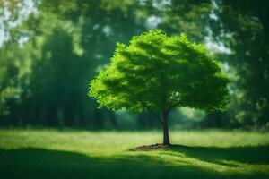 a single tree in a green field. AI-Generated photo