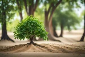 a small tree growing out of the sand. AI-Generated photo