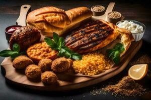 grilled meat, bread and other food on a wooden cutting board. AI-Generated photo