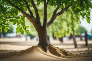 a tree with roots growing out of the sand. AI-Generated photo