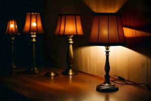 Tres lamparas en un mesa en el oscuro. generado por ai foto