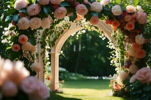 an archway with pink and white flowers. AI-Generated photo