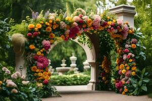 un vistoso arco con flores en el jardín. generado por ai foto