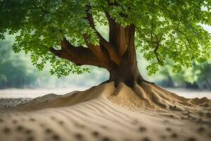 a tree with roots growing out of the sand. AI-Generated photo