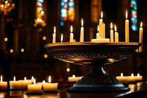 candles are lit in a church with candles in the background. AI-Generated photo
