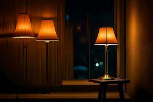 three lamps sit on a table in front of a window. AI-Generated photo
