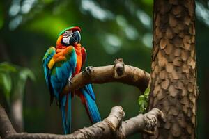 a colorful parrot sitting on a branch in the forest. AI-Generated photo