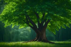 un árbol es mostrado en el medio de un verde campo. generado por ai foto