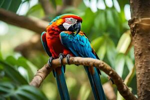 a colorful parrot sits on a branch. AI-Generated photo