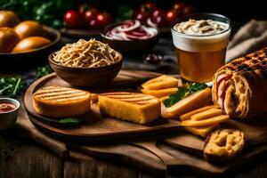 a wooden cutting board with cheese, bread and other food. AI-Generated photo