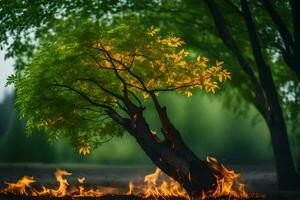 a tree with flames on it in the middle of the forest. AI-Generated photo