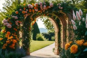 an archway with flowers and greenery. AI-Generated photo