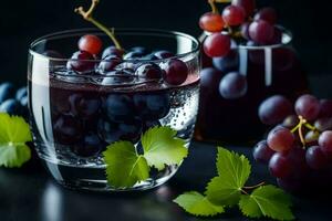 grapes in a glass with water on a black background. AI-Generated photo