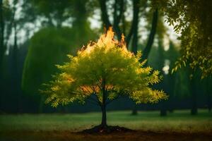 a tree with flames coming out of it in the middle of a field. AI-Generated photo