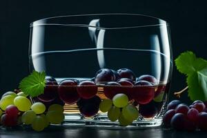 a glass filled with grapes and leaves. AI-Generated photo