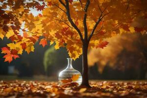 a bottle of wine is placed under a tree in autumn. AI-Generated photo