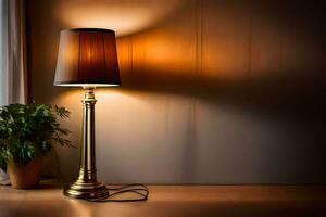 a lamp on a wooden floor in front of a plant. AI-Generated photo