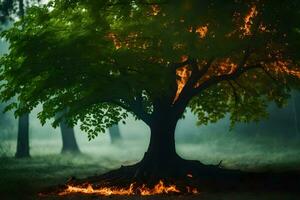 a tree with flames coming out of it in the middle of a forest. AI-Generated photo