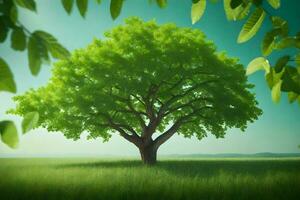 un árbol en un campo con verde hojas. generado por ai foto