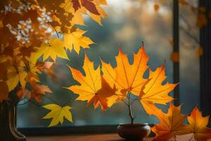 photo wallpaper autumn, the leaves, the window, the leaves, autumn, the leaves, the. AI-Generated