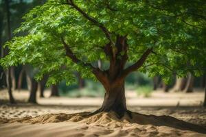 a tree in the middle of a sandy field. AI-Generated photo