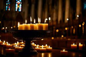 candles are lit in a church with candles in the background. AI-Generated photo