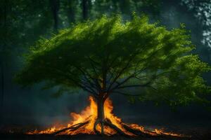 a tree with flames coming out of it in the middle of a forest. AI-Generated photo